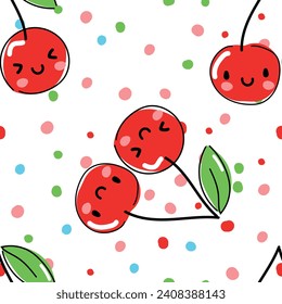 La mano dibujó un lindo patrón de impresión de cerezo sin fisuras. Tejidos de tendencia veraniega de primavera. Fondo de frutas. Ilustración vectorial.