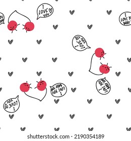 Hand drawn cute cherry seamless pattern with black hearts, scribble. I love you berry much, white paper line fruit, doodle food.