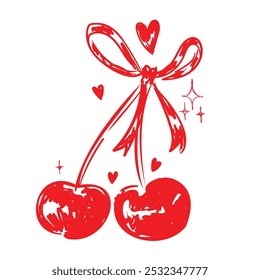 hand drawn cute cherry vector and bow illustration, sweet berry