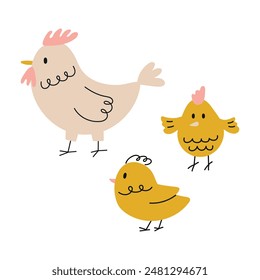 Hand drawn cute chicken family, hen and chicks