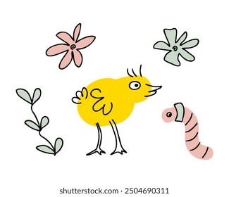 Hand drawn cute chicken met the worm. Animal cartoon vector character. Perfect doodle print for tee, poster, card, sticker.


