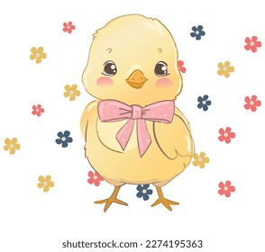 Hand drawn cute chicken with pink bow and flowers vector illustration