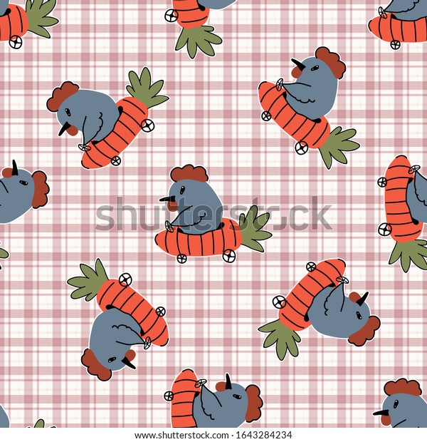 Hand drawn cute chickens\
in easter carrot car seamless pattern. Vector vegetable vehicle on\
gingham background. Root and hen all over print. Spring rooster.\
EPS 10. 