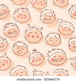 hand drawn cute child faces seamless pattern