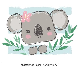 Handgezeichnet süße kindische Illustration koala und grüne Blätter. Design drucken.