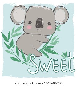 Hand drawn cute childish illustration koala and green leaves. Print design.