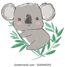 Hand drawn cute childish illustration koala and green leaves. Print design.