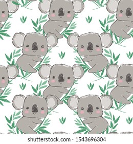 Hand drawn cute childish illustration koala and green leaves Pattern seamless. Print design.