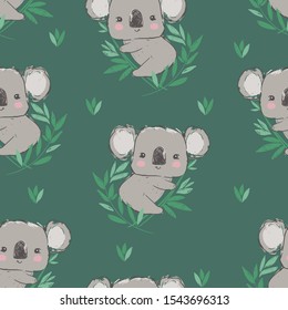 Hand drawn cute childish illustration koala and green leaves Pattern seamless. Print design.