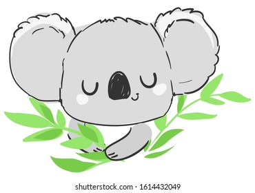Hand drawn cute childish illustration koala and green leaves. Print design.