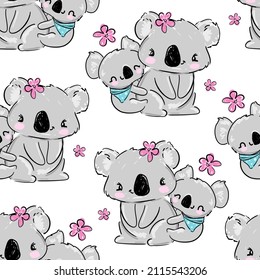 Hand drawn cute childish vector illustration koala Pattern seamless design.