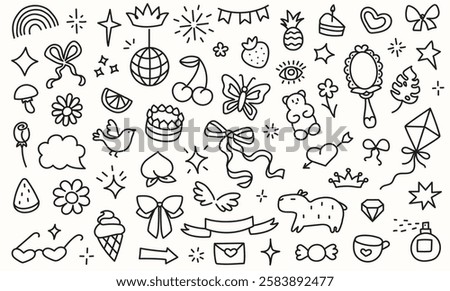 Hand drawn cute childrens doodles. Freehand drawings with design elements for birthday party. Set of outline vector illustrations.
