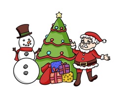 Hand Drawn Cute Children's Illustration. Santa, Snow Globe, Christmas Tree, Gifts.