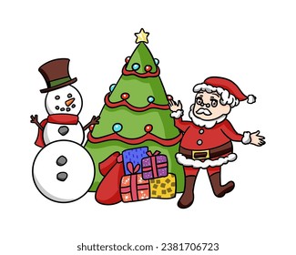 hand drawn cute children's illustration. santa, snow globe, christmas tree, gifts.