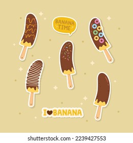 Hand drawn cute chocolate banana pops sticker set collection vector design