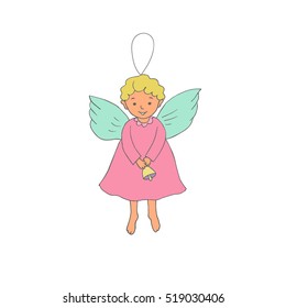Hand drawn cute Christmas angel with bell in cartoon style. Isolated vector illustration on white background