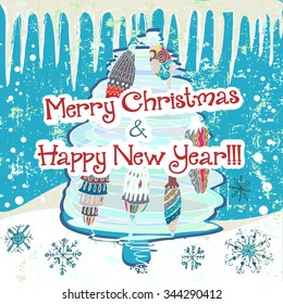 Hand drawn cute Christmas card with tree and snowflakes
