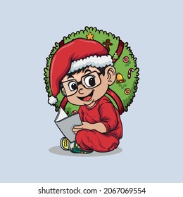 Hand drawn cute christmas character boy with santa hat and christmas flowers