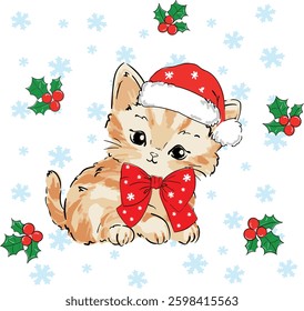 Hand Drawn Cute Christmas Kitten in Santa Hat with Red Bow, Snowflakes, and Holly Festive Holiday Vector Illustration