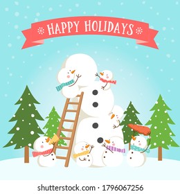 Hand drawn cute Christmas and New Year card design with little snowmen building a big snowman. Can be used for greeting cards, party invitation, banner, poster, flyer.