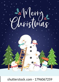 Hand drawn cute Christmas and New Year card design with little snowmen building a big snowman. Can be used for greeting cards, party invitation, banner, poster, flyer.