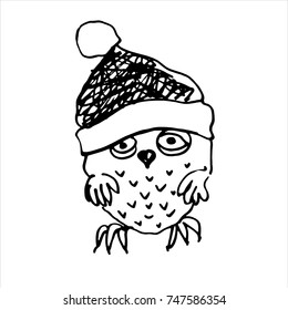 Hand drawn cute Christmas owl. Sketching cartoon character illustration