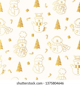 Hand drawn cute Christmas seamless pattern with golden snowman in the candy forest. Winter gold floral doodle for greeting card decoration. Vector isolated holiday design elements.
