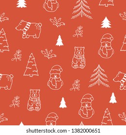 Hand drawn cute Christmas seamless pattern with snowman and bear in the forest. Winter floral doodle for greeting card decoration or gift wrapper. Vector isolated holiday design elements.