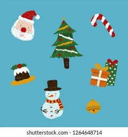 Hand drawn for cute Christmas set. Doodle sketched design elements, Santa, Christmas tree, sweets, gift, snowman and bell for decorations. Children's drawing colored pencil, Vector Illustration.