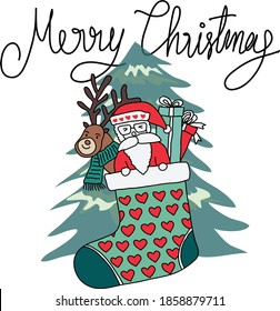 Hand drawn cute Christmas sock with Santa claus, rain deer, and present box for Christmas decoration on white background. Vector illustration in doodle style