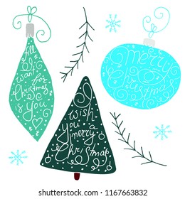Hand drawn cute christmas tree and balls isolated on a trasparent background. Christmas elements for design.