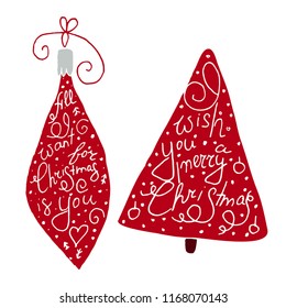 Hand drawn cute christmas tree and balls isolated on a trasparent background. Christmas vector elements for design.