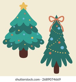 Hand Drawn Cute Christmas Tree with Decorations, Isolated Vector Illustration