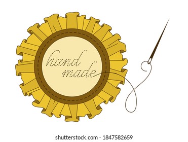Hand drawn cute circle frame with textile ruffles, ribbon, sewing needle, thread and embroidery inscription "hand made". Colored isolated decorative vector illustration