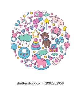 Hand drawn cute circle template with baby toys