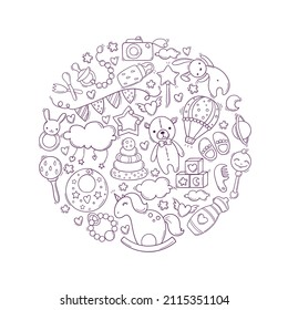 Hand drawn cute circle template with baby toys