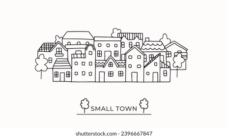 Hand drawn cute city town ​​neighborhood street outline illustration, houses commercial urban buildings simple drawing, little friendly family community with trees, small town street design art vector