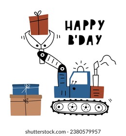 Hand drawn cute claw tractor, with gift boxes in cartoon style. Birthday card. Vector card with cute car for fabric, textile, postcard, apparel or kids room design . Cars in Scandinavian style
