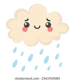 Hand Drawn Cute Cloud with Raindrops on White Background
