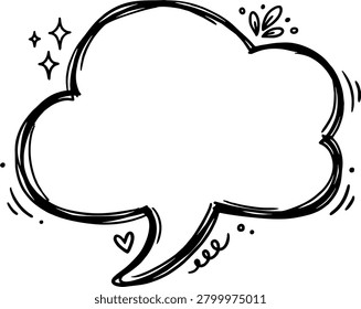 Hand drawn cute cloud speech bubble vector illustration with tiny love heart sparkles and leaves doodle details isolated on white background for romantic comic dialogue text graphic design