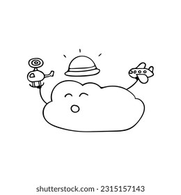 Dibujando mano lindo vestido de nube sombrero de sol jugando con helicóptero y vector de avión Caricatura Caricatura Caricatura personaje Vector de ilustración color niños de dibujos animados clipart de wordspotrayt