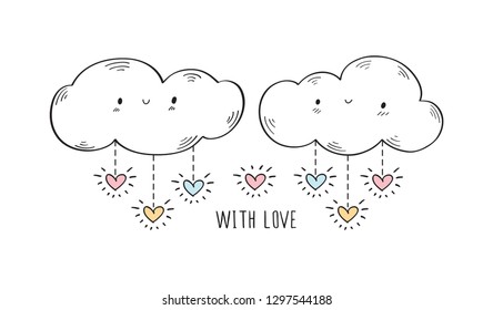 Hand drawn cute clouds with hearts. Simple Greeting card for Valentine's Day, birthday, Mother's Day, wedding invitations. Vector.