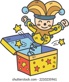 Hand Drawn A cute clown emerges from the box illustration isolated on background