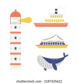 Hand drawn cute coastline objects - lighthouse, ships and a whale. Isolated on white flat style vector illustration