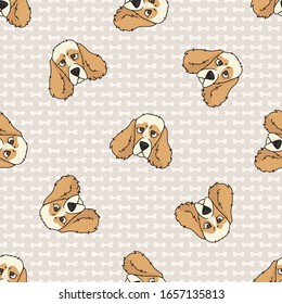 Hand drawn cute cocker spaniel face breed dog seamless vector pattern. Purebred pedigree domestic dog on paw background. Dog lover English hunting pet all over print. Kennel pooch. EPS 10. 