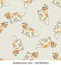 Hand drawn cute cocker spaniel breed dog seamless vector pattern. Purebred pedigree domestic dog on paw background. Dog lover English hunting pet all over print. Kennel pooch. EPS 10. 