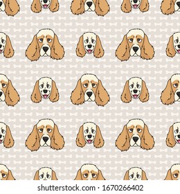 Hand drawn cute cocker spaniel puppy and dog face breed seamless vector pattern. Purebred pedigree domestic dog on paw background. Dog lover English hunting pet all over print. Kennel pooch. EPS 10. 