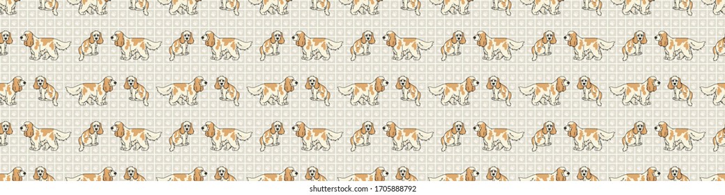 Hand drawn cute cocker spaniel puppy and dog breed seamless border pattern. Purebred pedigree domestic dog background. Dog lover English hunting pet washi ribbon. Kennel pooch EPS 10. 