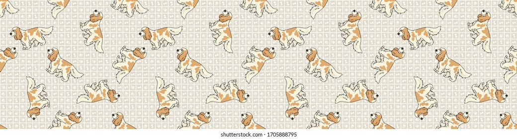 Hand drawn cute cocker spaniel dog breed seamless border pattern. Purebred pedigree domestic dog background. Dog lover English hunting pet washi ribbon. Kennel pooch EPS 10. 