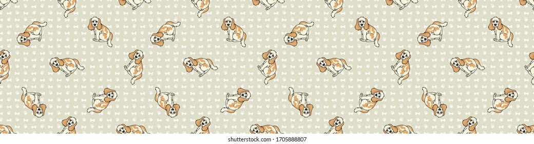 Hand drawn cute cocker spaniel puppy breed seamless border pattern. Purebred pedigree domestic dog background. Dog lover English hunting pet washi ribbon. Kennel pooch EPS 10. 
